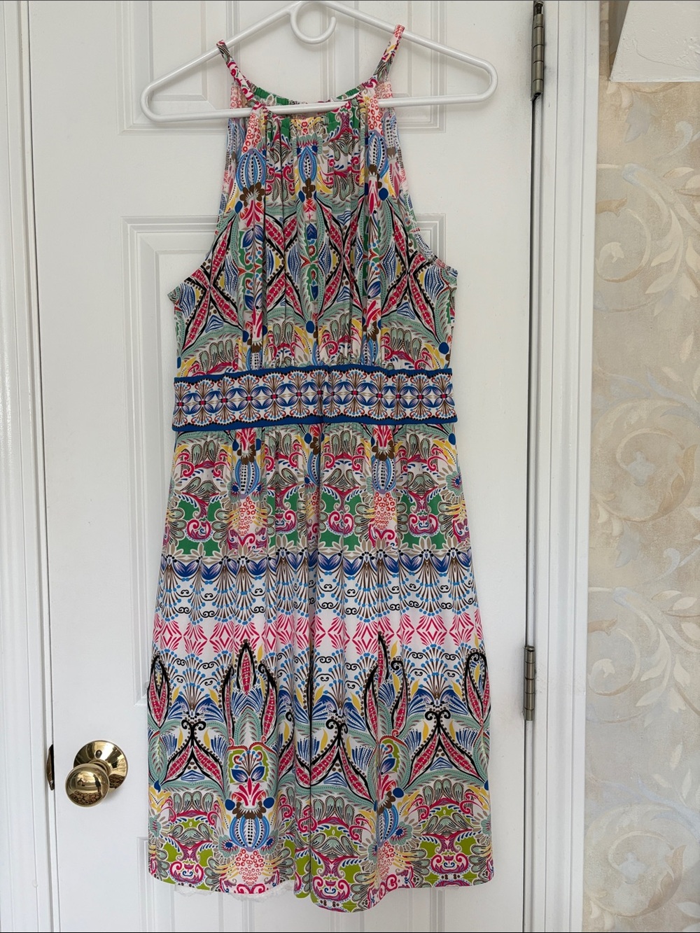 London Times Colorful Patterned Sleeveless Racer-back Dress with Detail at Waist